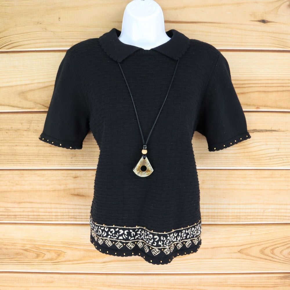 Alfred Dunner Sweater w/ Pendant Womens PM Black Embroidered Beaded Short Sleeve